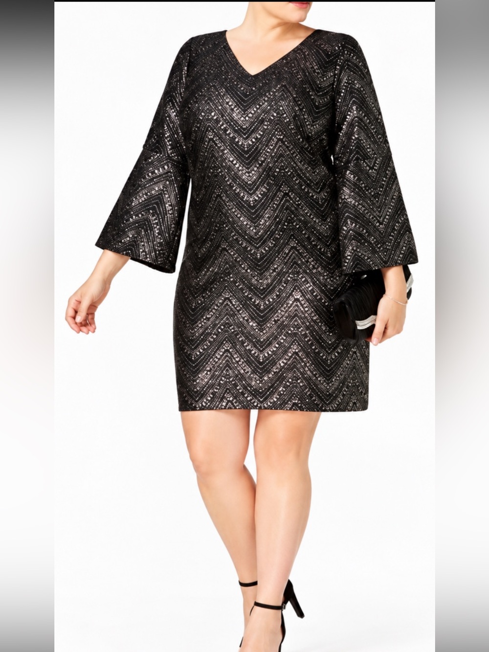 NWT Jessica Howard 18W Black Metallic Chevron Bell Sleeve Cocktail Dress